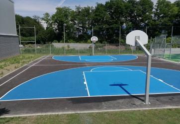 Traçage terrain basket 3x3, coloration raquette et zone à 3 points, Rhône 69.